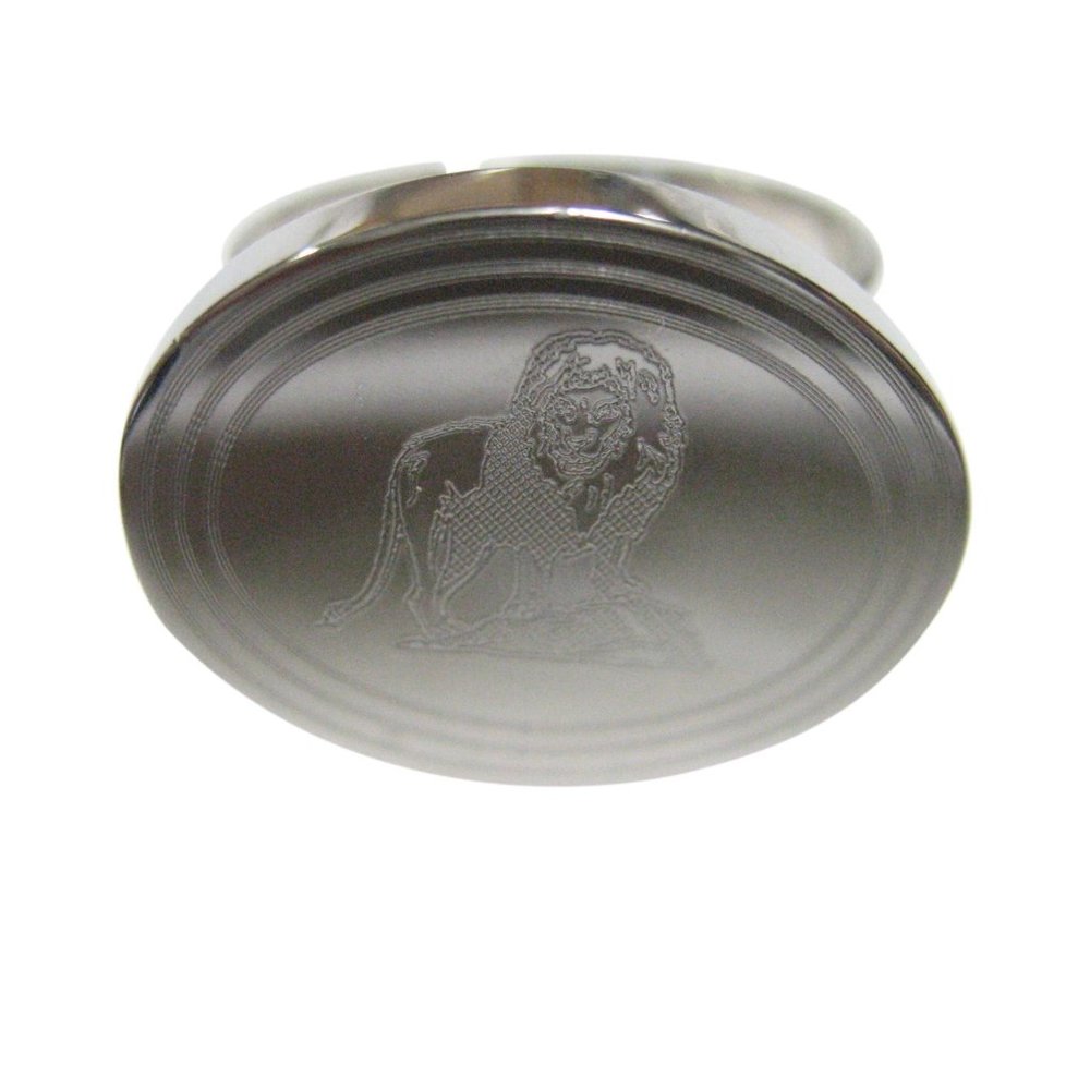 Silver Toned Etched Oval Full Lion Adjustable Ring